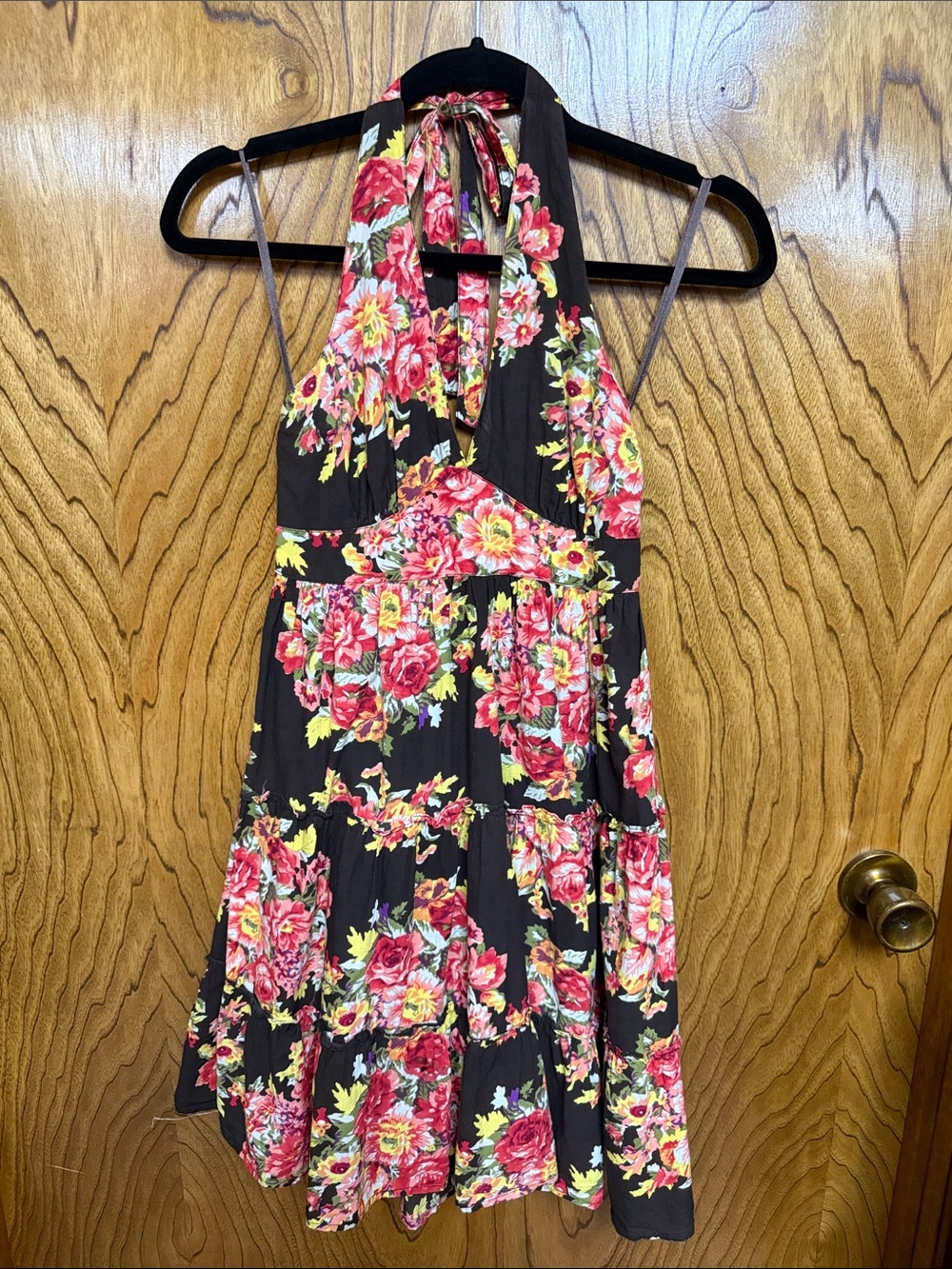 Speed Control Brown Floral Halter Summer Dress with Pink & Yellow Roses Small
